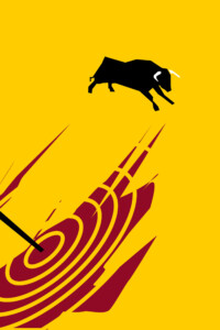 CORRIDA 2 CORRIDA 2 Yellow background, in the background a black bull, in front a large red shield with a blade stuck in it. Żółte tło, w tle czarny byk, z przodu duża czerwona tarcza z wbitym ostrzem. Paweł Naumowicz