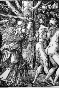 REPRODUKCJA - ALBRECHT DURER - MAŁA PASJA: WYGNANIE Z RAJU (REPRODUCTION - ALBRECHT DURER - SMALL PASSION: THE EXPULSION FROM PARADISE) REPRODUKCJA - ALBRECHT DURER - MAŁA PASJA: WYGNANIE Z RAJU (REPRODUCTION - ALBRECHT DURER - SMALL PASSION: THE EXPULSION FROM PARADISE) The angel holds a sword in his hand, expels Adam and Eve from paradise, in the background tree, fruit above them. Anioł trzyma w dłoni miecz, wygania Adama i Ewę z raju, w tle drzewo, owoc nad nimi.