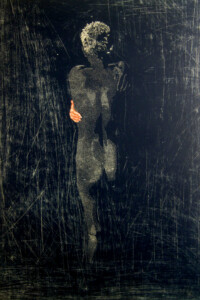 INSOMNIA 1 Insomnia 1 A woman, with her back to us, against a dark background, naked, one skin-colored hand on her hip, alone. Pawel Naumowicz Kobieta, plecami do nas, na ciemnym tle, naga, jedna ręka na biodrze w kolorze skóry, samotna. Pawel Naumowicz