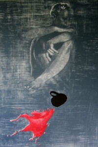 INSOMNIA 3 INSOMNIA 3 In the background, a woman sits with her legs folded, an overturned cup on the floor in front of her and a red substance spilled out. W tle siedzi kobieta z podkulonymi nogami, przed nią na podłodze przewrócony kubek i wylana czerwona substancja. Paweł Naumowicz