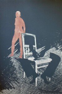 INSOMNIA 4 INSOMNIA 4 In the background, a pink woman is standing backwards, in front: a chair and the shadow of a sitting man. W tle stoi tyłem różowa kobieta, od frontu: krzesło i cień siedzącego człowieka. Paweł Naumowicz