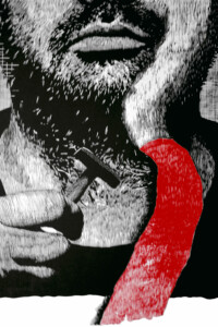 METAMORFOZA (METAMERPHOSIS) METAMORFOZA (METAMERPHOSIS) Brodaty facet goli się reczna maszynka i zdejmuje kawalek skory, biało-czarna praca z czerowona skora. Pawel Naumowicz