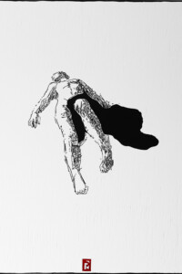 (NIE)UPADŁE KRÓLESTWO [THE (UN)FALLEN KINGDOM] The figure of a woman lies on her back, naked, slightly covered, top view, sideways. Postać kobiety leży na plecach, naga, lekko przykryta, widok z góry, z ukosa. Paweł Naumowicz