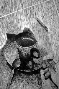 PORANNA KAWA (MORNING COFFEE) PORANNA KAWA (MORNING COFFEE) View from above, sideways, on a countertop with coffee in a cup, a spoon resting on a saucer, a hand next to it, a cigarette on top. Widok z góry, z ukosa, na blat z kawą w filiżance, na spodku spoczywa łyżeczka, ręka obok, papieros u góry. Paweł Naumowicz