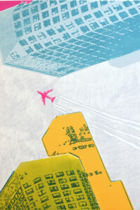 RYTM WOKÓŁ MNIE 3 (RHYTHM AROUND ME 3) ver. 2022 3 skyscrapers (yellow, blue and green), between them a gray sky with a pink plane flying. 3 wieżowce (żółty, niebieski i zielony), pomiędzy nimi szare niebo z lecącym rożowym samolotem. Paweł Naumowicz