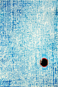 Z CYKLU INSPIRACJE: ZAĆMIENIE (FROM THE CYCLE INSPIRATION: ECLIPSE) A black sun in a red halo, a blue sky covered with various signs. Czarne słonce w czerwonej otoczce, niebieskie niebo pokryte różnymi znakami. Paweł Naumowicz